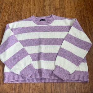 Lavender and White Striped Crew Neck Sweater
